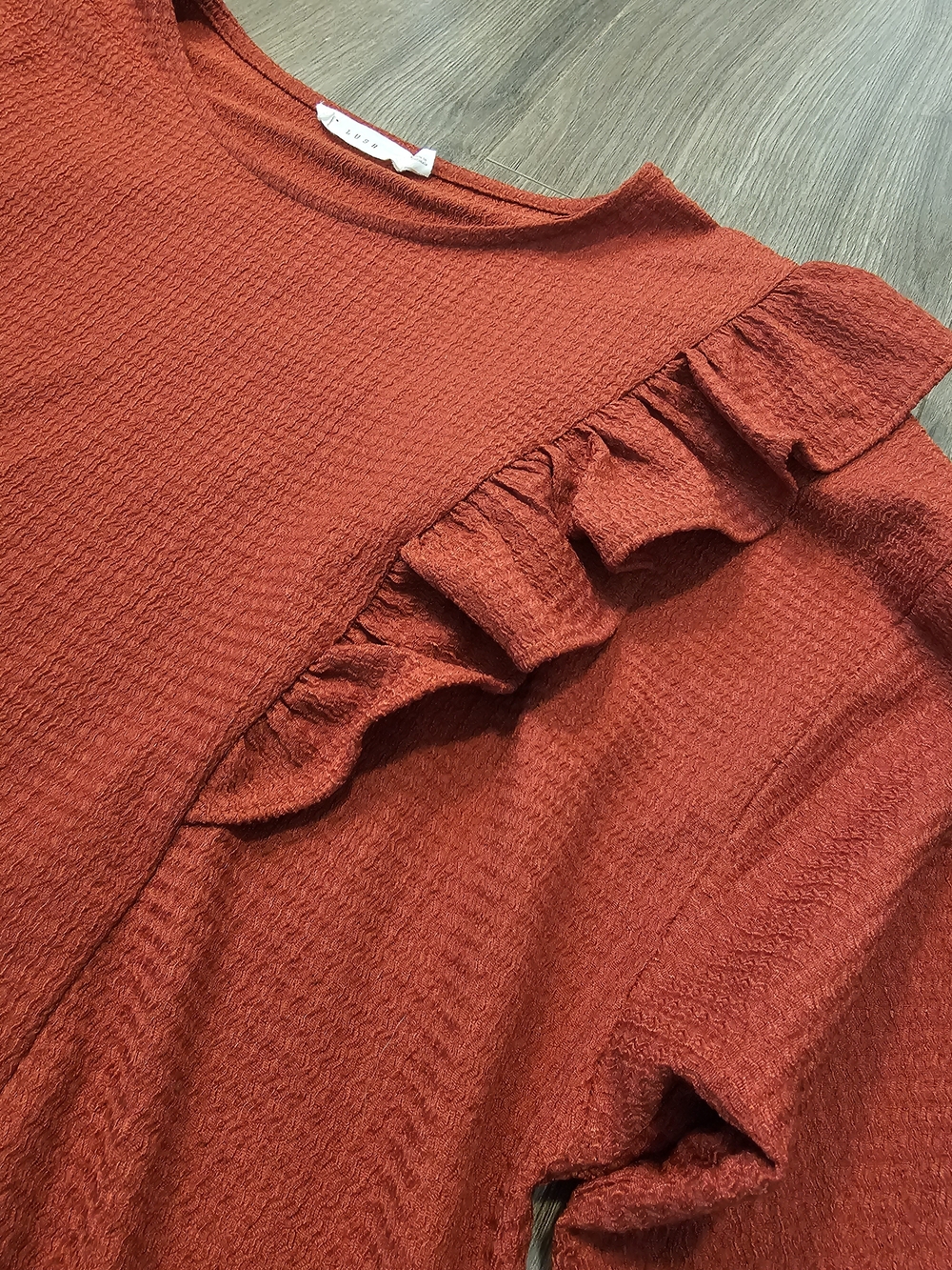 Lush Rust Ruffle Shoulder Waffle-Knit Pullover - Picture 2 of 4